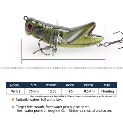 Realistic green grasshopper fishing lure with treble hooks, floating, 75mm, 12.5g.