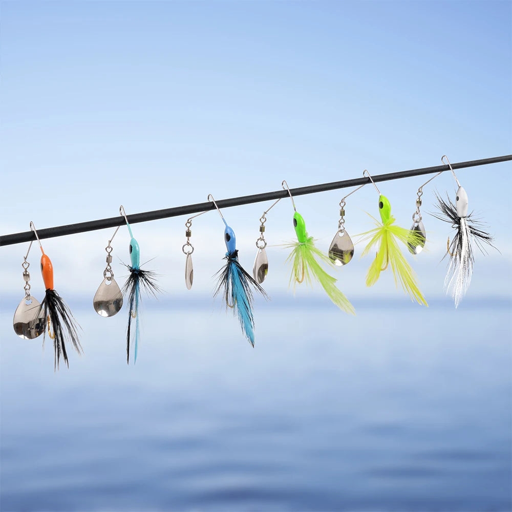 Colorful fishing lures with feathers on a rod, set against a calm lake background