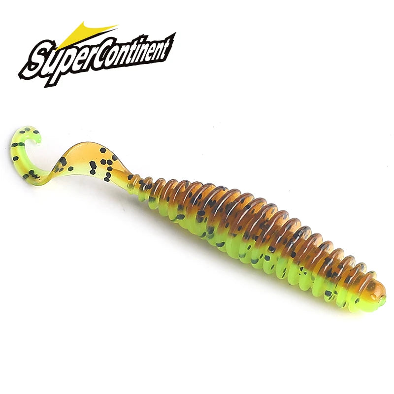 Curly tail soft plastic fishing lure, brown and green with black spots, ribbed design