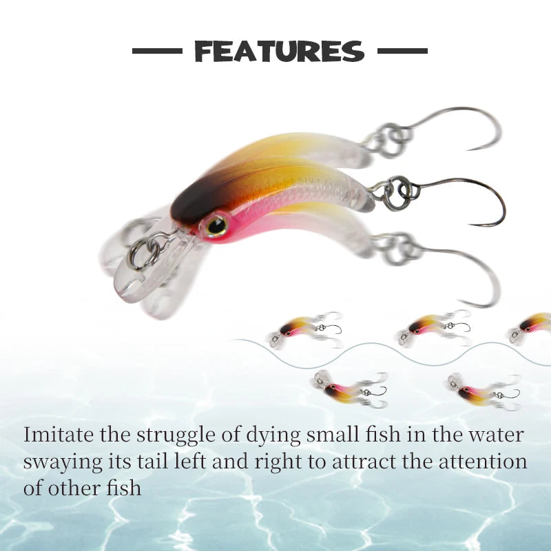 Fishing lure with dual hooks and realistic fish design, swaying in water to attract fish.
