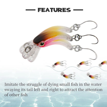Fishing lure with dual hooks and realistic fish design, swaying in water to attract fish.