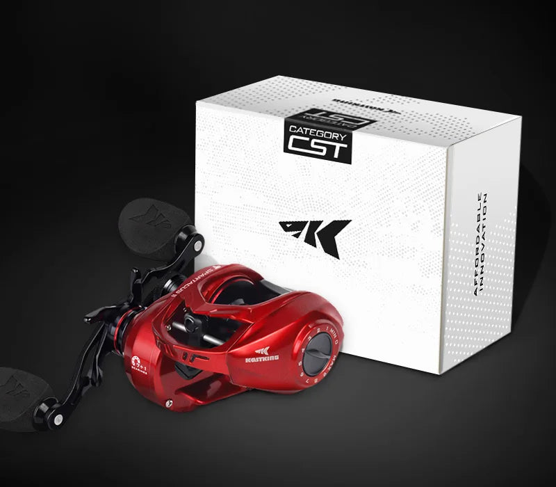 Red baitcasting fishing reel with dual handles and branded box on black background