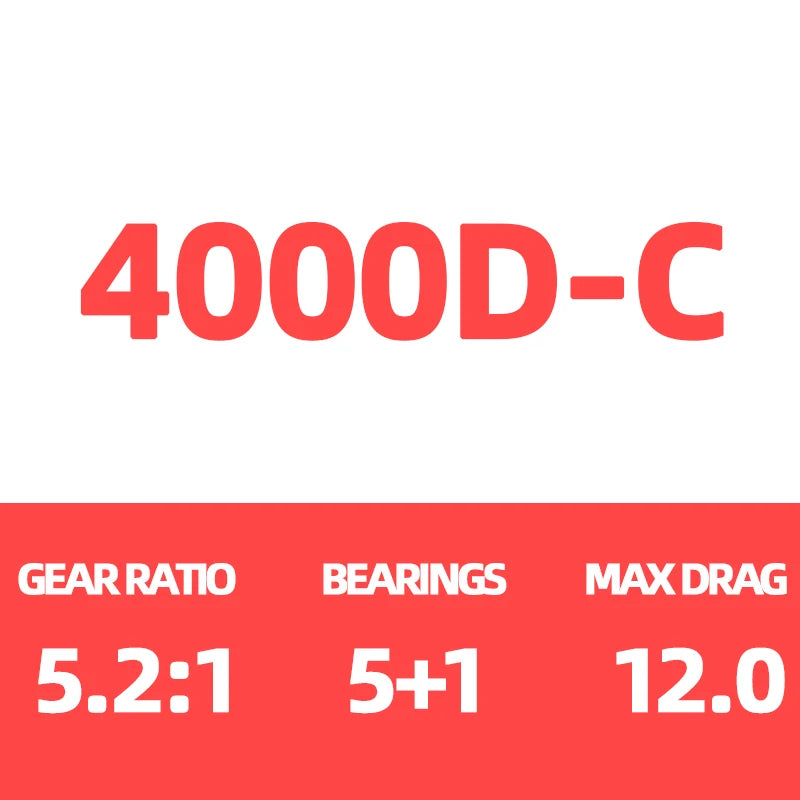 Fishing reel specs 4000D-C, 5.2:1 gear ratio, 5+1 bearings, 12.0 max drag.