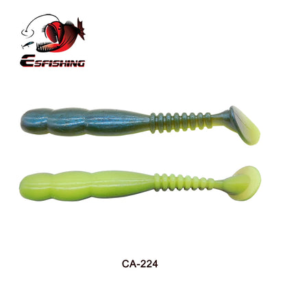 Two soft plastic fishing lures in green shades with paddle tails, labeled CA-224.