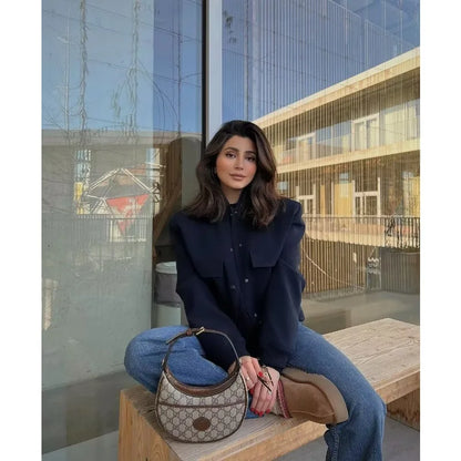 Woman Bomber Jacket White Autumn Winter Button Cropped Jackets Women Fashion Long Sleeve Coats