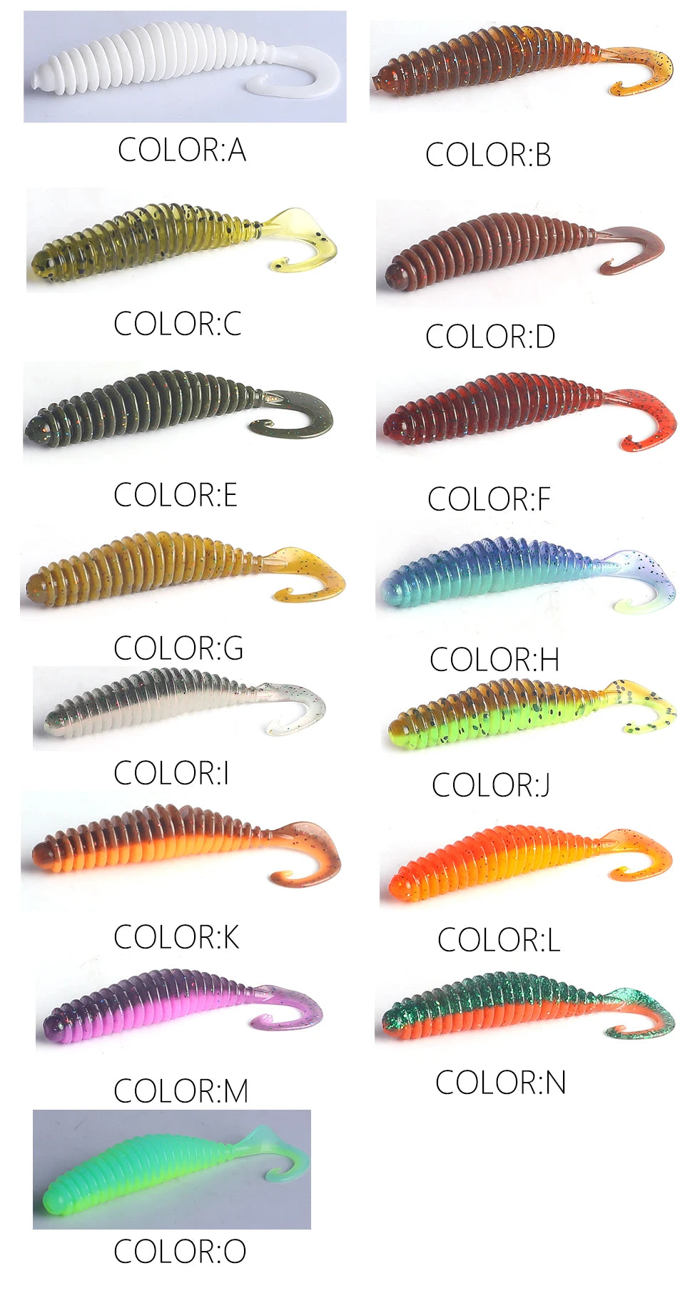 Color chart of ribbed soft plastic fishing lures in 15 different colors, each labeled A to O.