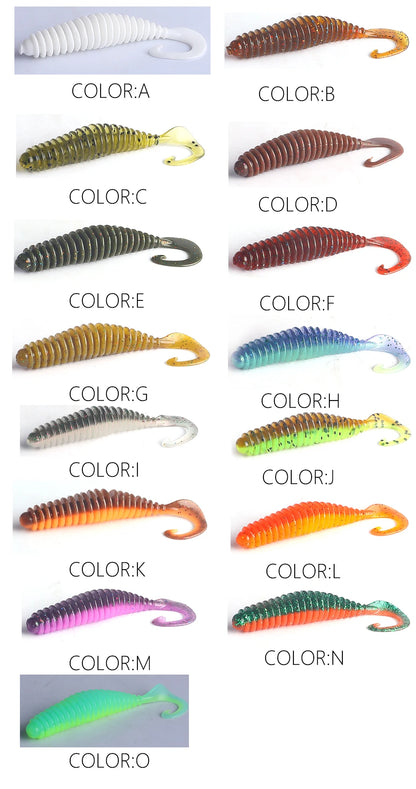 Color chart of ribbed soft plastic fishing lures in 15 different colors, each labeled A to O.