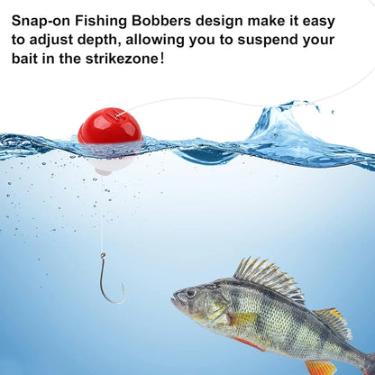 Red snap-on fishing bobber and baited hook underwater near a fish, fishing accessory demo.
