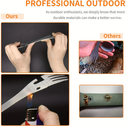Stainless steel 5-in-1 survival tool with multi-tool edges held in hands outdoors.