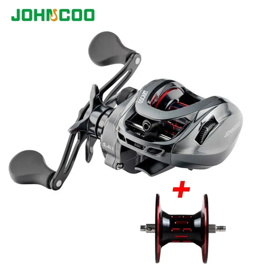 Fishing reel with additional spool on a white background, featuring the brand 'JOHNCOO'.