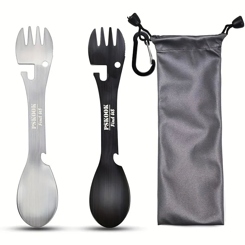 HookUpCo 5-in-1 survival tool set with black and silver multitool forks and gray drawstring pouch.