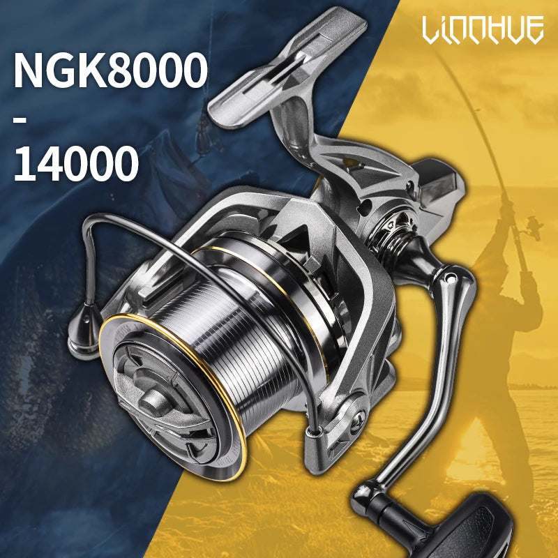 Heavy-duty fishing reel NGK8000-14000 with metallic handle, outdoor adventure background