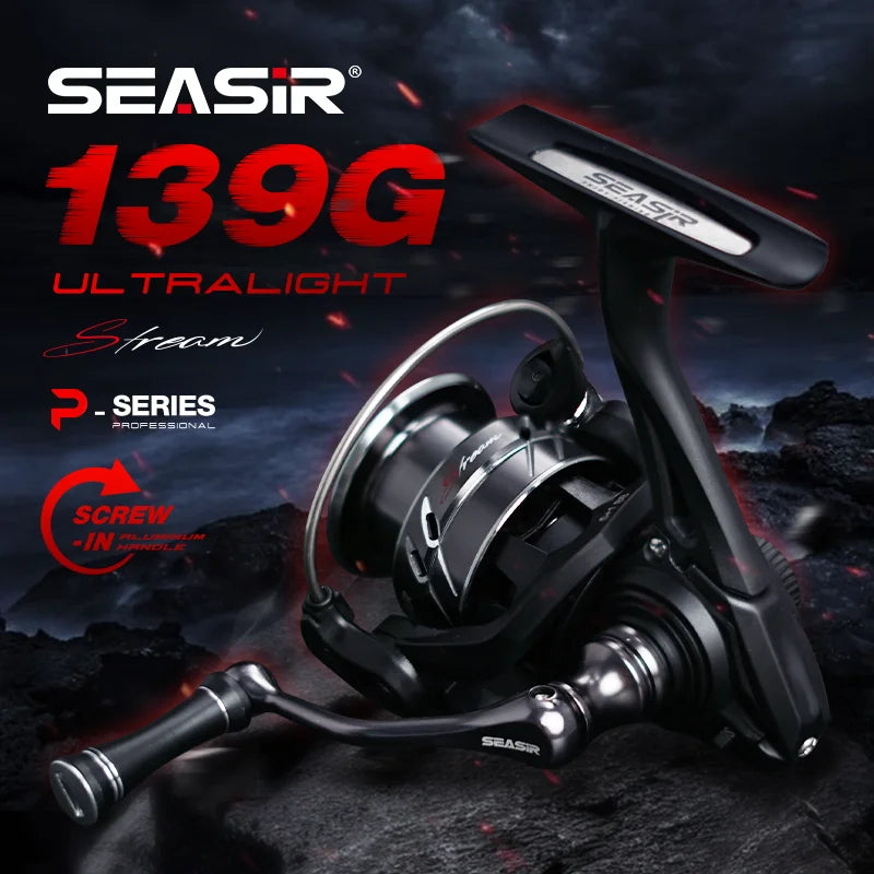 Ultralight 139g SEASIR fishing reel with aluminum screw-in handle and dark background
