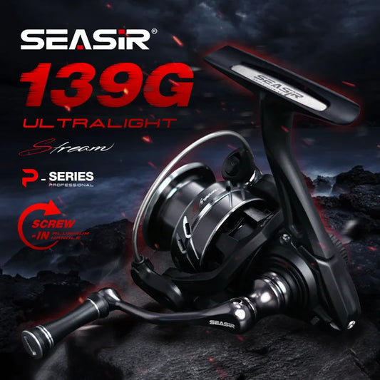 Ultralight 139g SEASIR fishing reel with aluminum screw-in handle and dark background