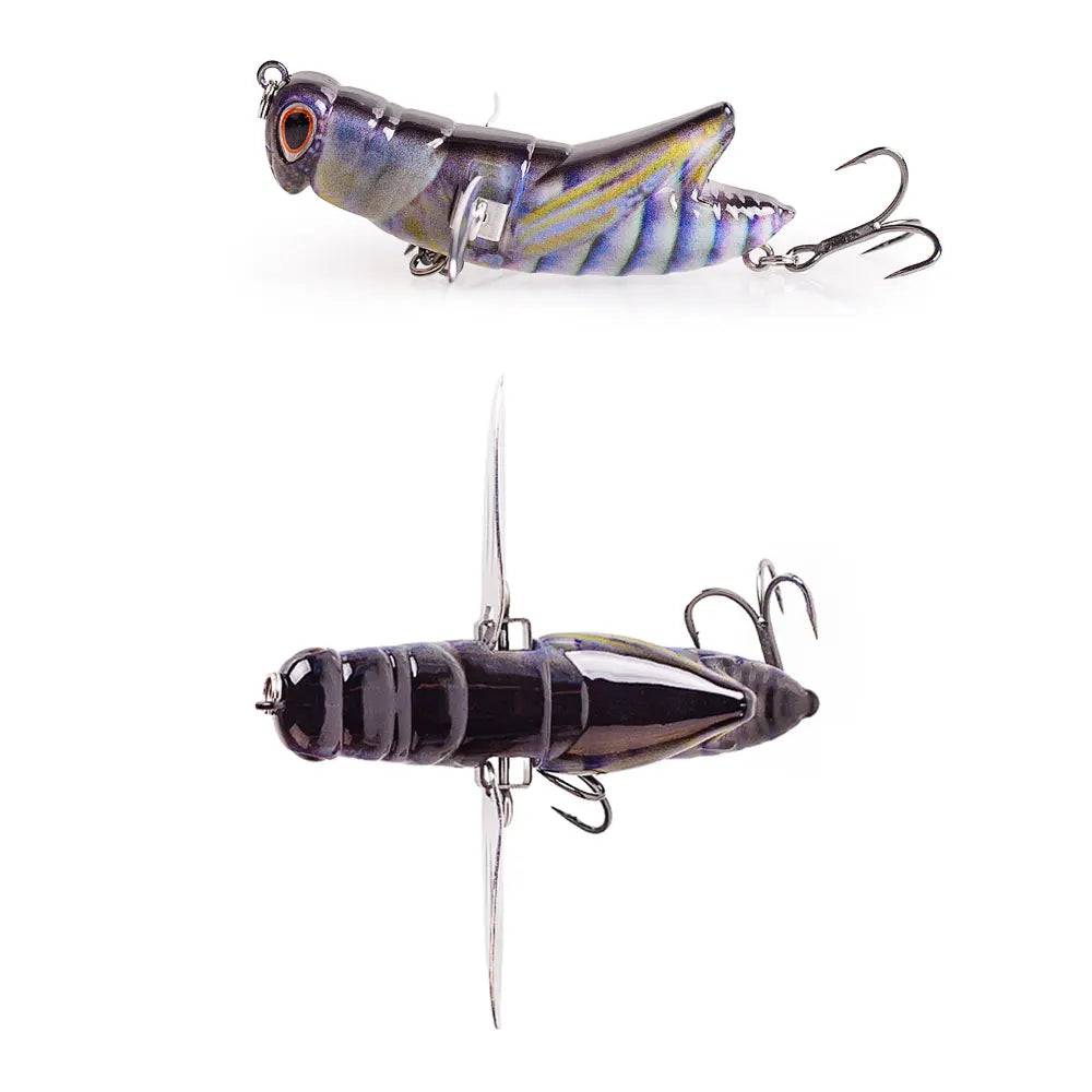 Realistic grasshopper fishing lure with treble hooks and propeller wings for outdoor fishing