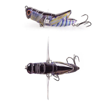 Realistic grasshopper fishing lure with treble hooks and propeller wings for outdoor fishing