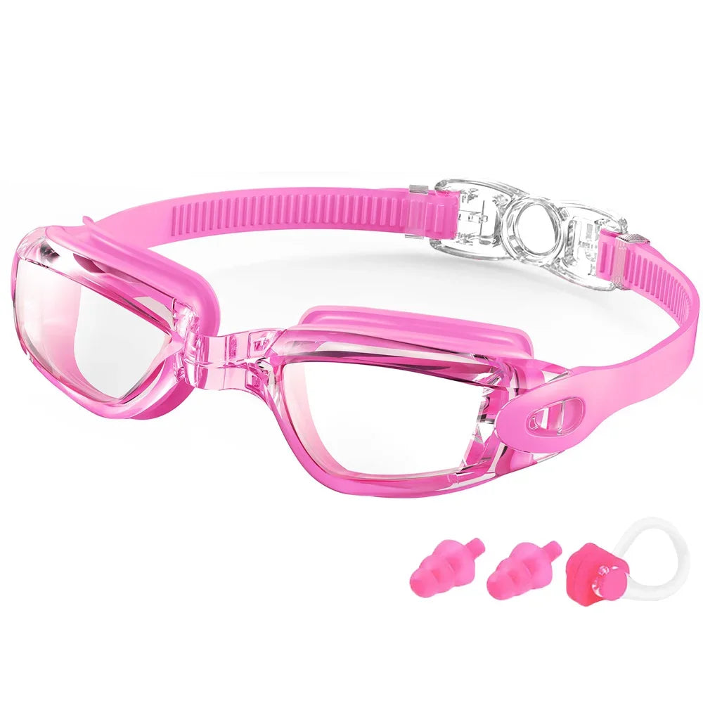 Pink anti-fog UV swim goggles with clear lenses and adjustable strap, plus nose bridge and ear plugs.