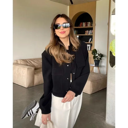 Woman Bomber Jacket White Autumn Winter Button Cropped Jackets Women Fashion Long Sleeve Coats