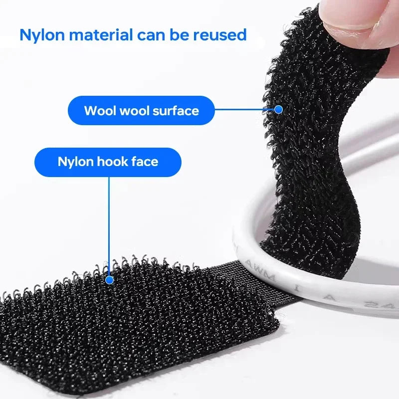 Black nylon hook-and-loop cable straps with reusable wool-like surface for bundling wires.