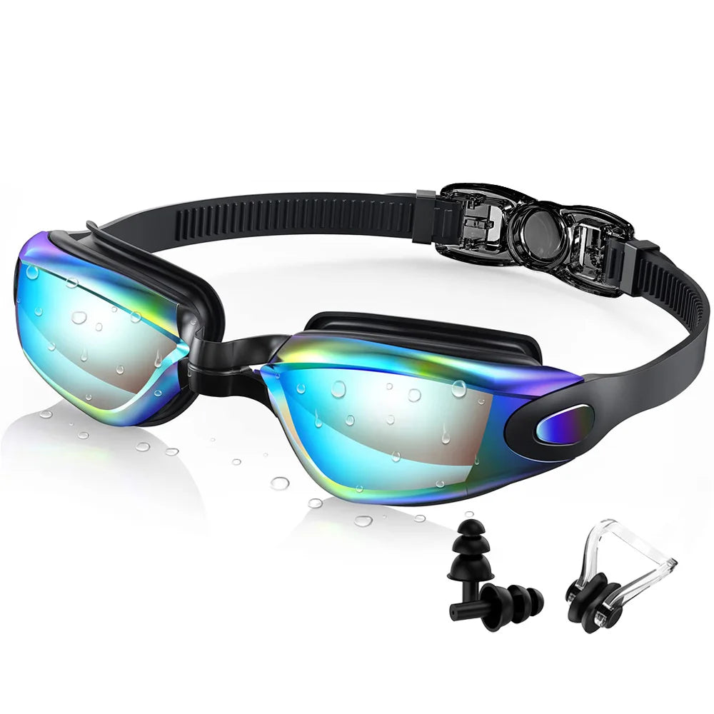Black anti-fog UV swim goggles with iridescent blue lenses, splash droplets, and adjustable head strap.