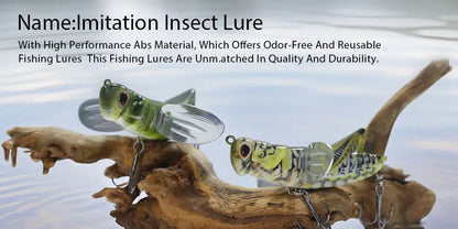 Realistic insect fishing lures with vivid details on driftwood by the water