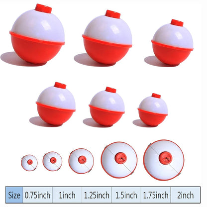Assorted red and white round fishing bobbers in multiple sizes, outdoor fishing accessories