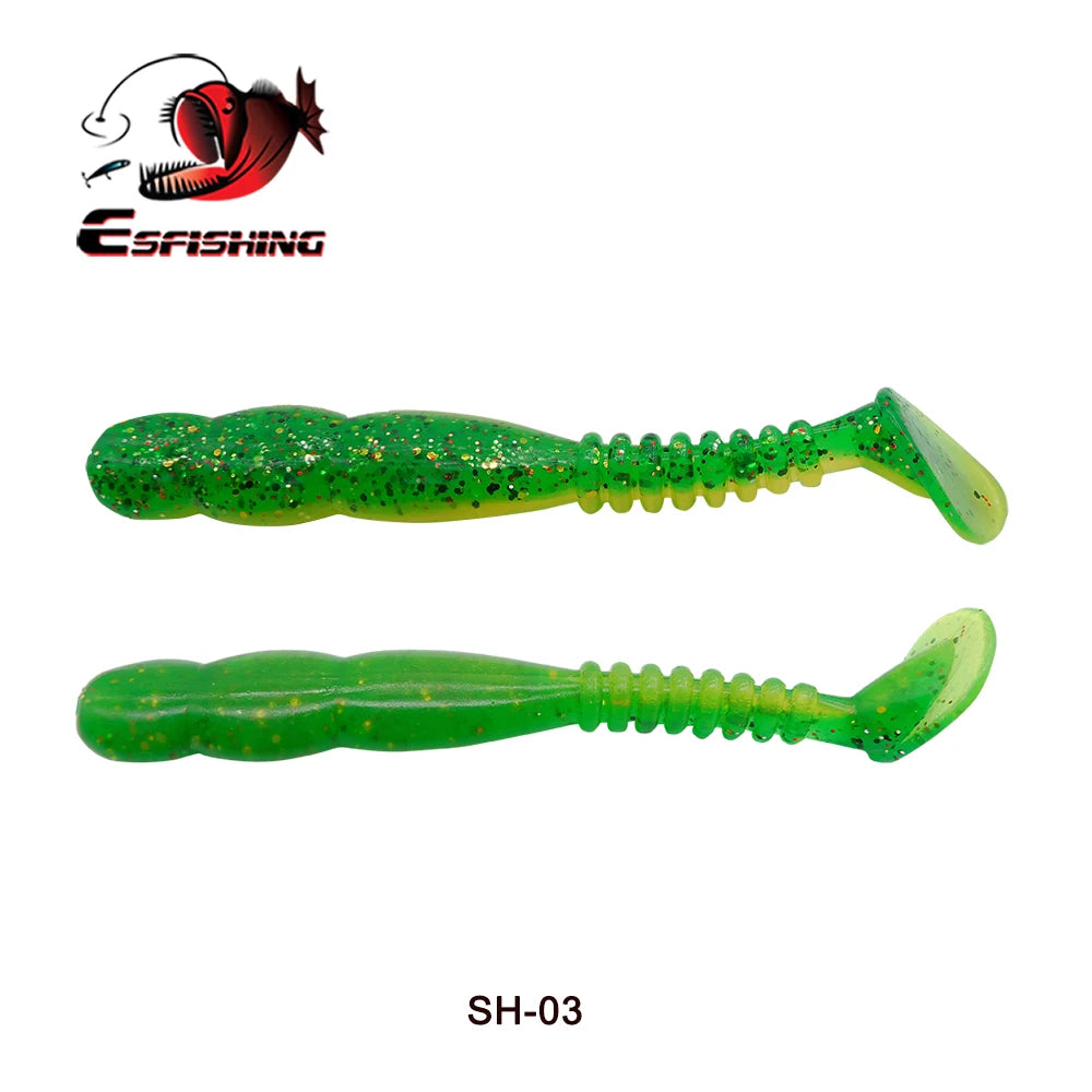 Green soft plastic paddle tail fishing lures with glitter, labeled SH-03, on white background.