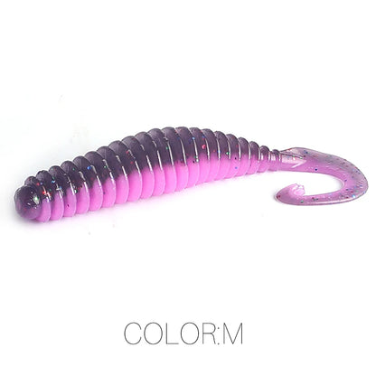 Purple and pink soft plastic fishing lure with ribbed body and curly tail, color M