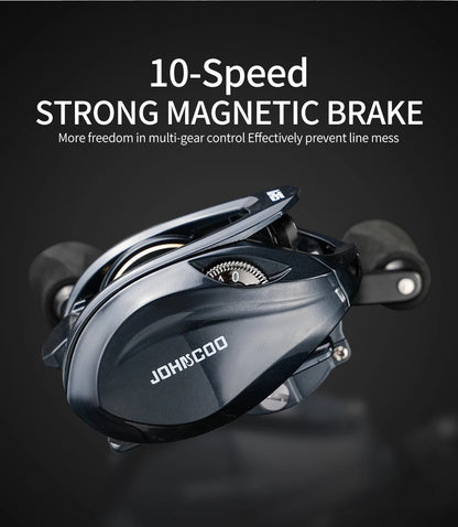 10-speed baitcasting fishing reel with strong magnetic brake and ergonomic handle