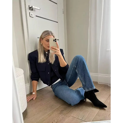 Woman Bomber Jacket White Autumn Winter Button Cropped Jackets Women Fashion Long Sleeve Coats