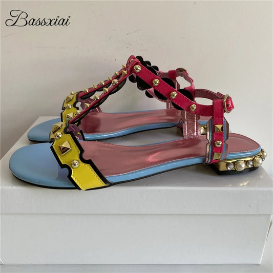 Luxury T-Strap Sandals with Rivets and Rhinestones for Summer