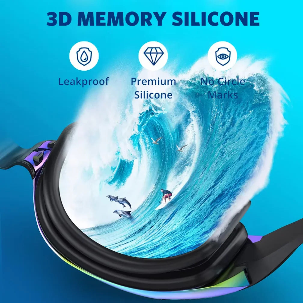 HookUpCo anti-fog UV swim goggles with black frame, 3D memory silicone, leakproof seal.