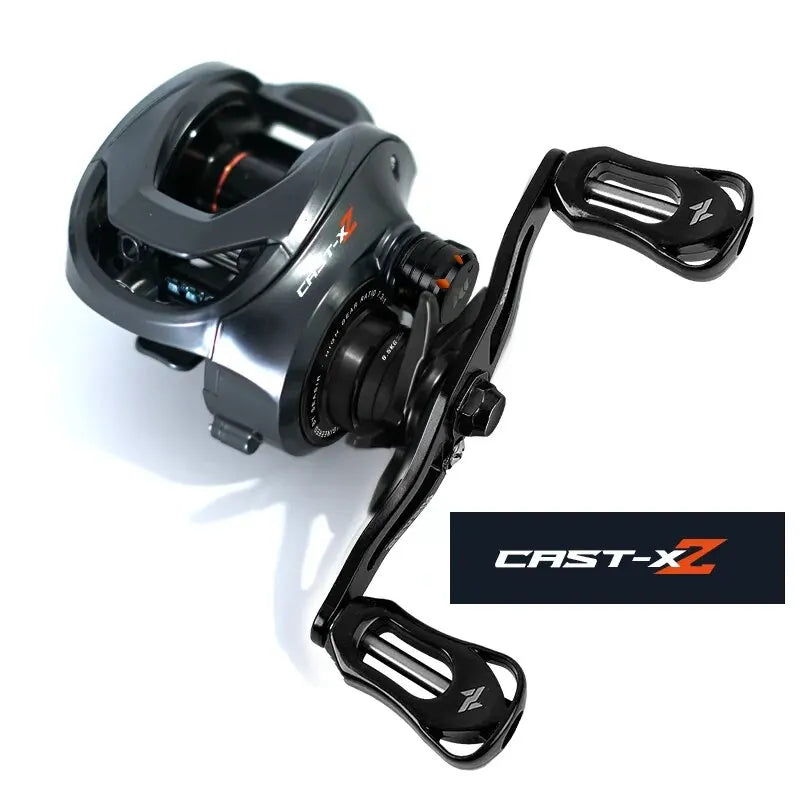 Fishing baitcasting reel with dual handle, black and silver, labeled CAST-XZ