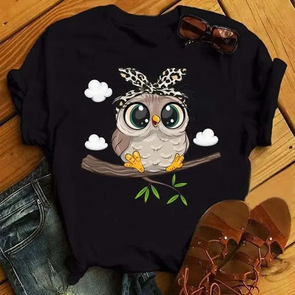Kawaii Cartoon Owl Graphic T-Shirt for Women, Casual Style