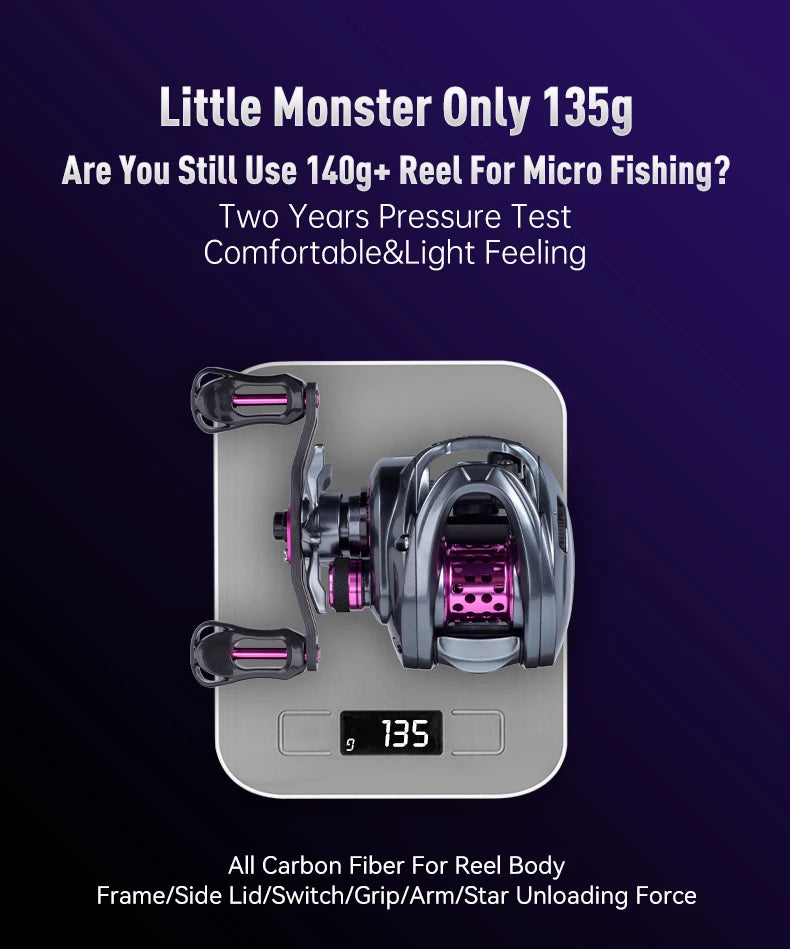 Lightweight carbon fiber fishing reel weighing 135g on digital scale, micro fishing gear.