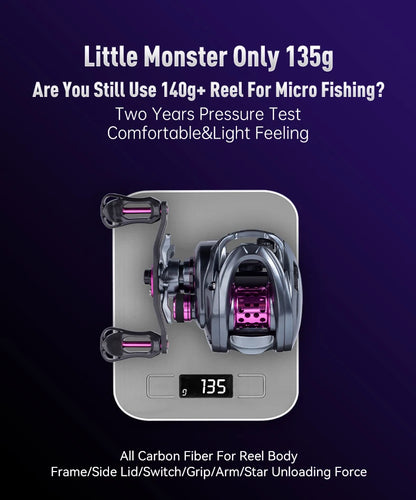 Lightweight carbon fiber fishing reel weighing 135g on digital scale, micro fishing gear.