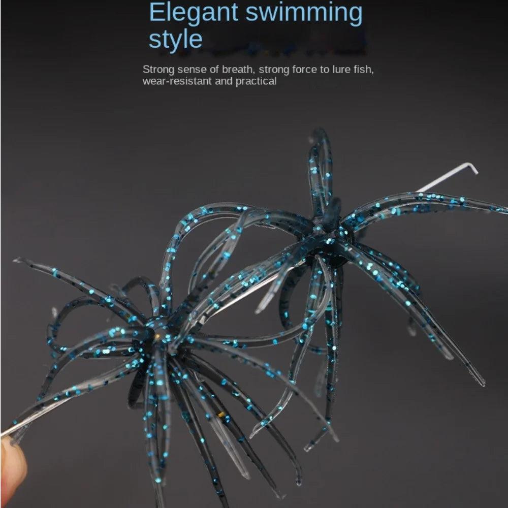 Blue glittery soft plastic fishing lures with multiple tentacles for outdoor angling.