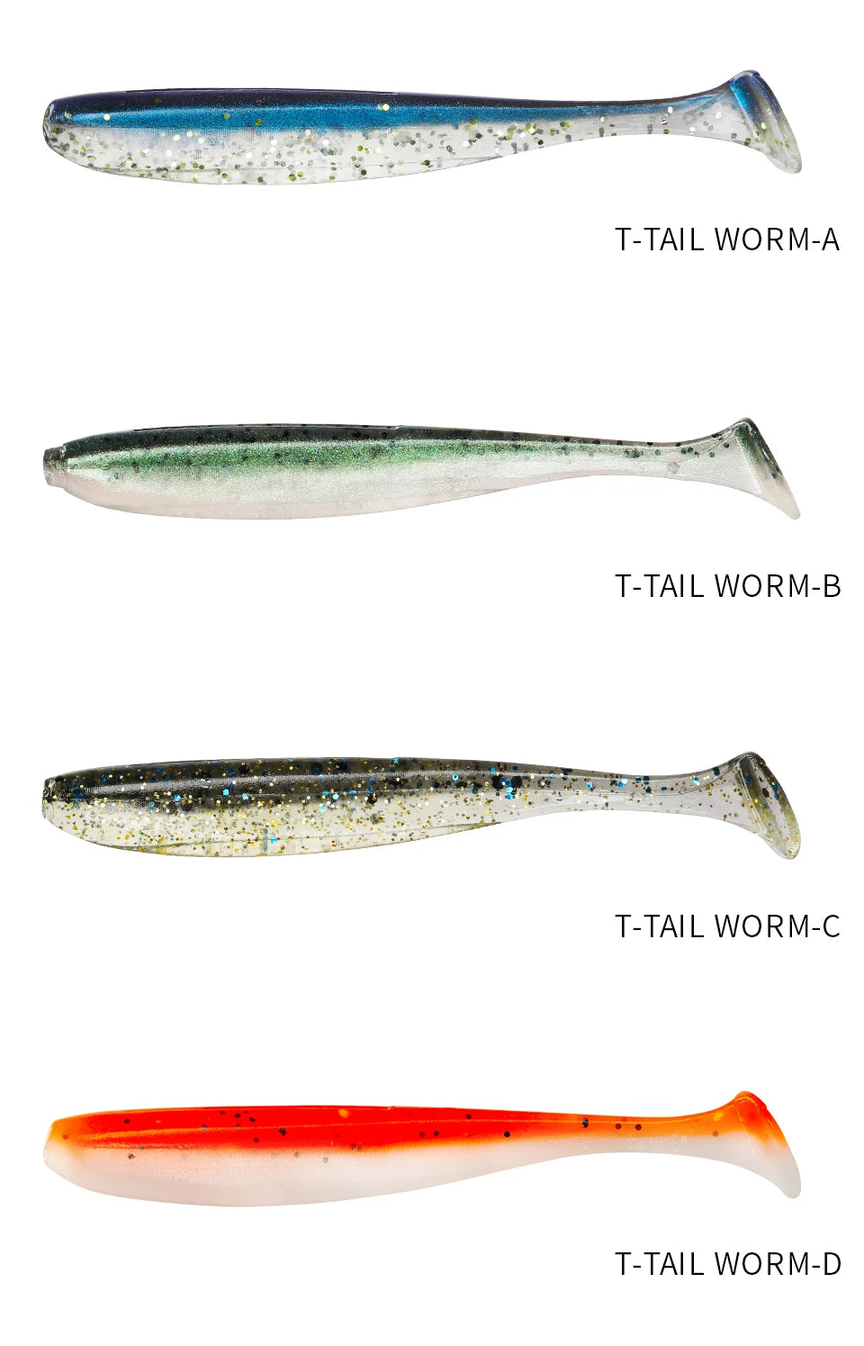Four colorful soft plastic T-tail fishing lures, labeled A to D, for fishing tackle.
