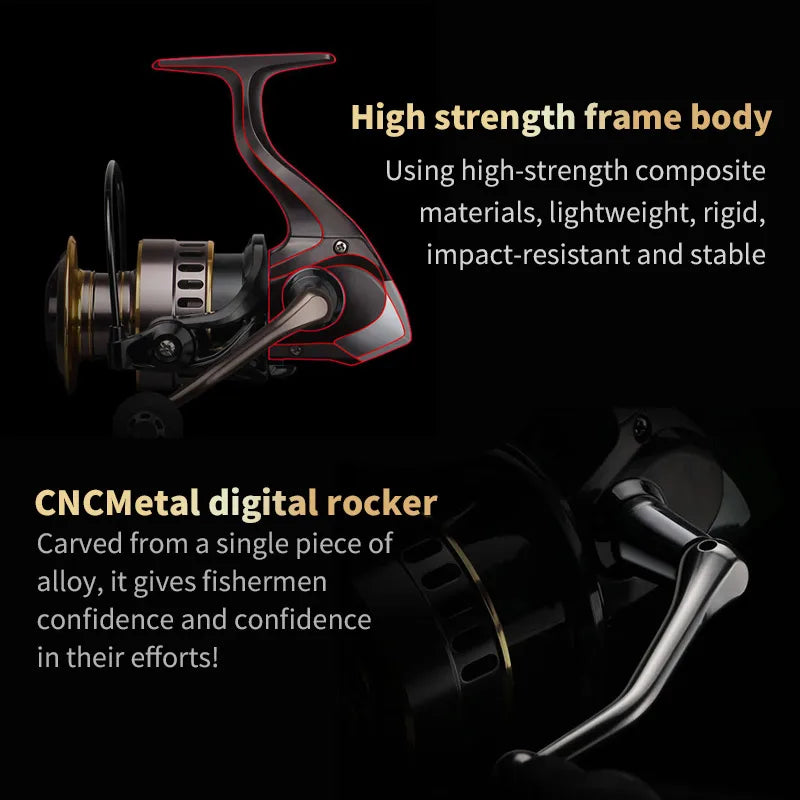 Lightweight high-strength fishing reel with CNC metal handle, durable outdoor gear.