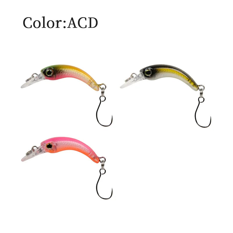Three colorful fishing lures with single hooks, labeled color ACD, for outdoor fishing gear