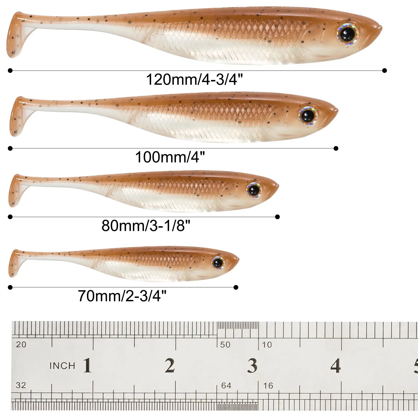 Four brown soft plastic fishing lures in different sizes with ruler for scale.