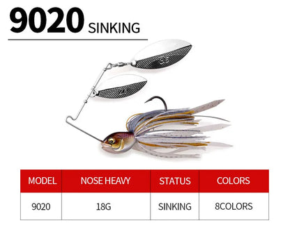 Sinking fishing lure model 9020 with spinner blades, skirted hook, and product details chart