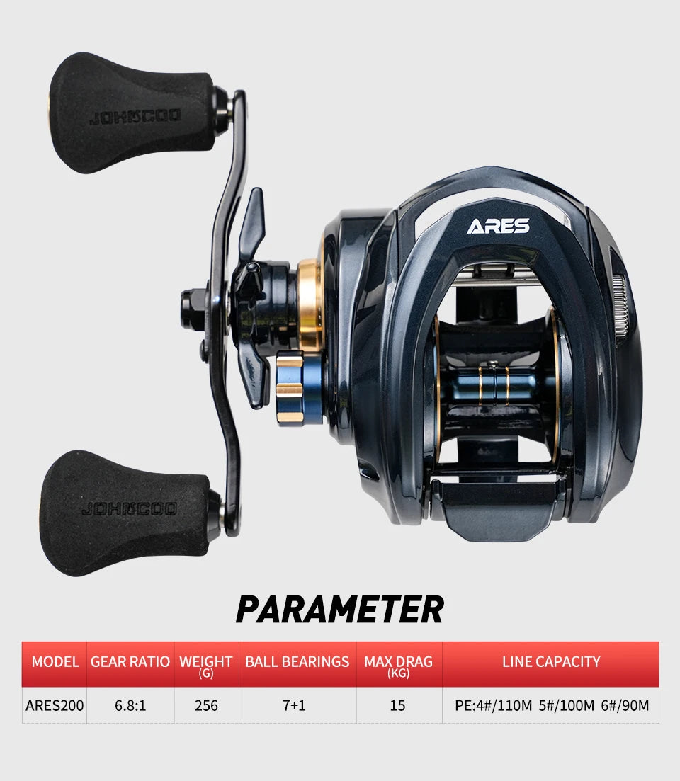 Baitcasting fishing reel ARES200 with ergonomic handles and specs chart for gear ratio, weight, ball bearings, drag, and line capacity.