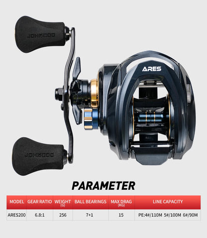 Baitcasting fishing reel ARES200 with ergonomic handles and specs chart for gear ratio, weight, ball bearings, drag, and line capacity.