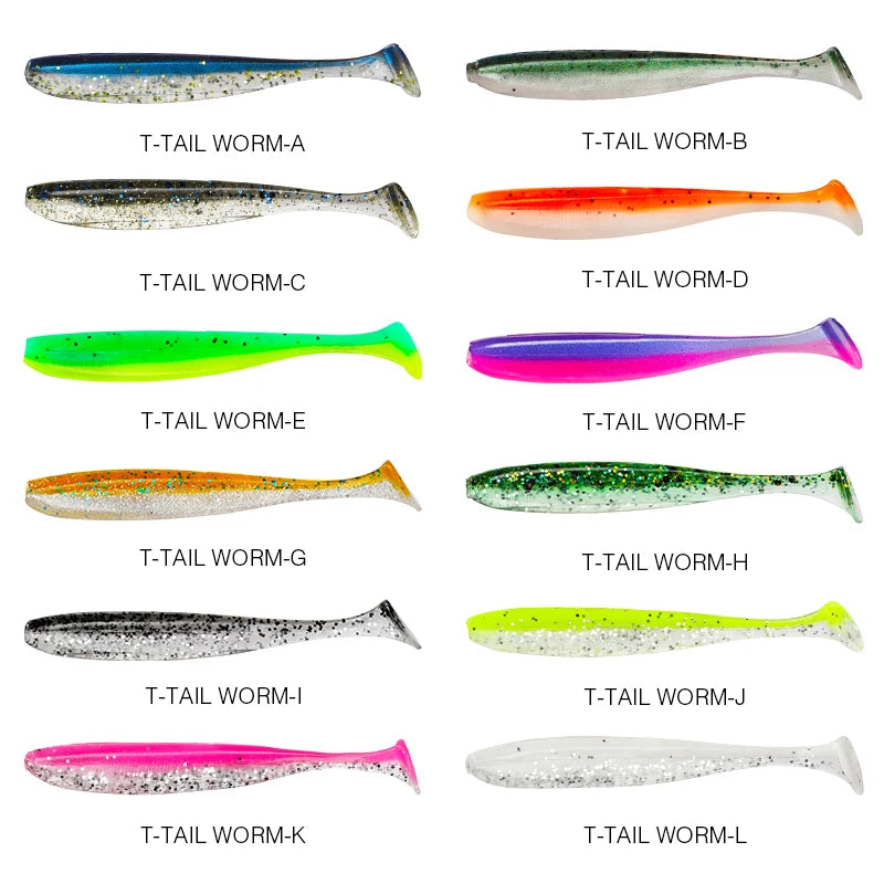 Assorted soft plastic T-tail fishing lures in various colors, labeled A to L