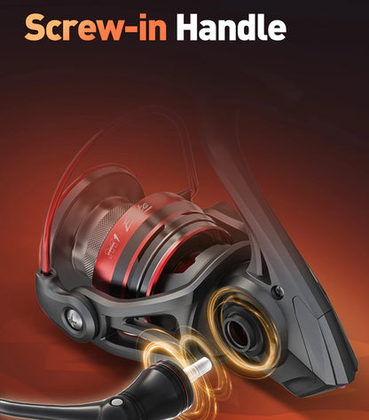 Close-up of a fishing reel with a screw-in handle feature, outdoor equipment