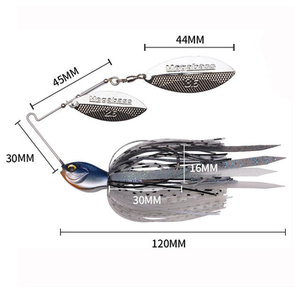 Silver and blue spinnerbait fishing lure with skirt, labeled with exact measurements