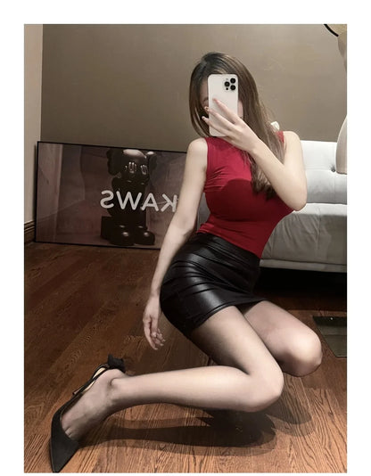 High Waist Matte Leather Mini Skirt for Night Out Style