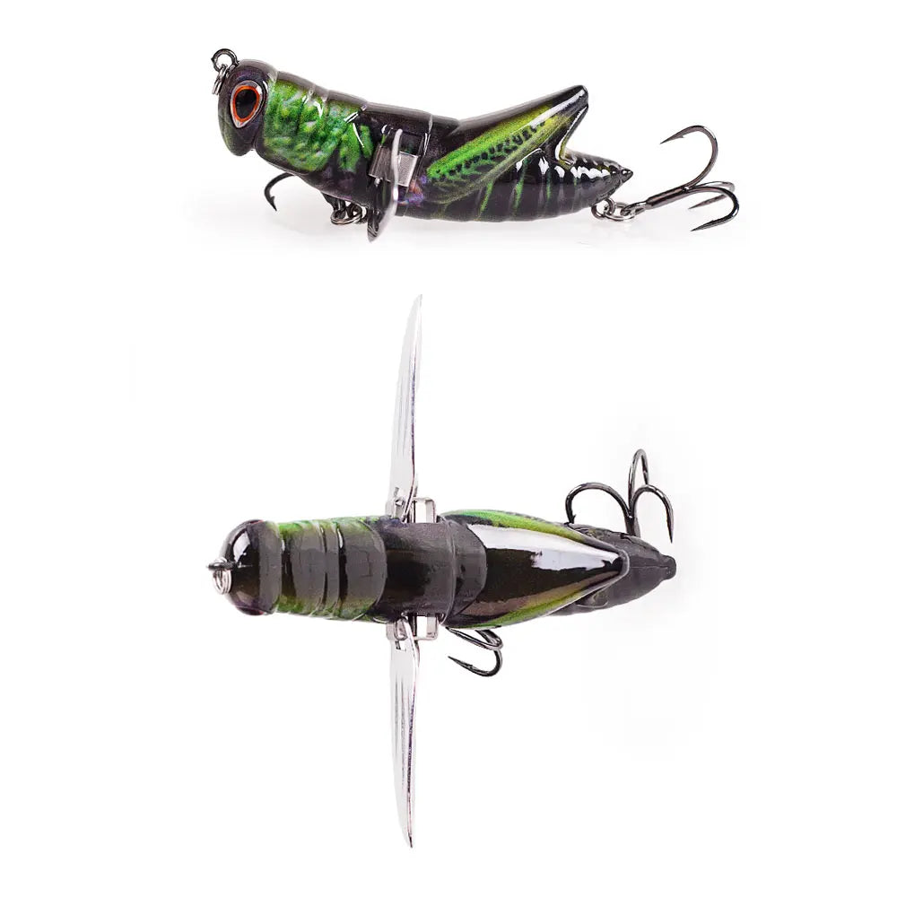 Realistic green grasshopper fishing lure with treble hooks and wing blades, outdoor gear