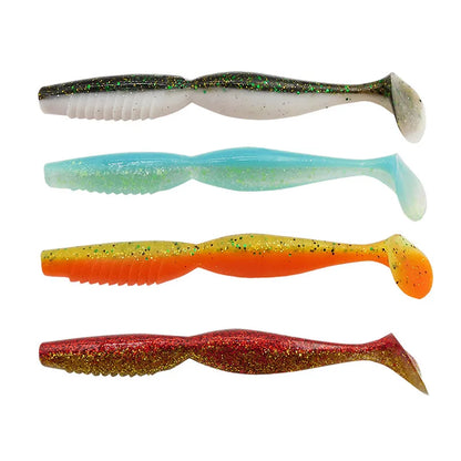 Set of four colorful soft plastic fishing lures with glitter for outdoor fishing